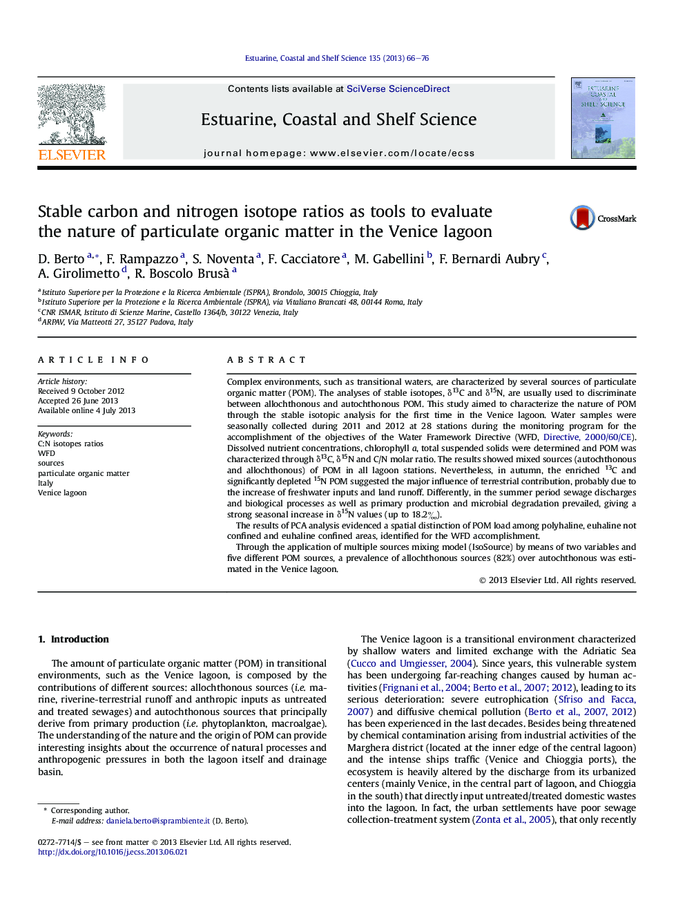 Stable carbon and nitrogen isotope ratios as tools to evaluate the nature of particulate organic matter in the Venice lagoon