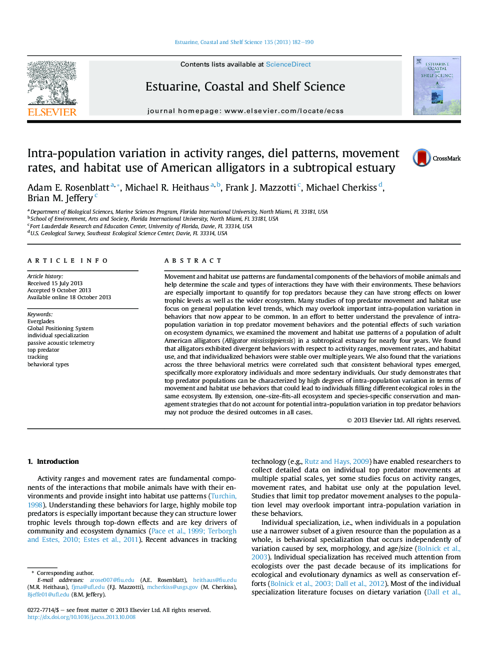 Intra-population variation in activity ranges, diel patterns, movement rates, and habitat use of American alligators in a subtropical estuary