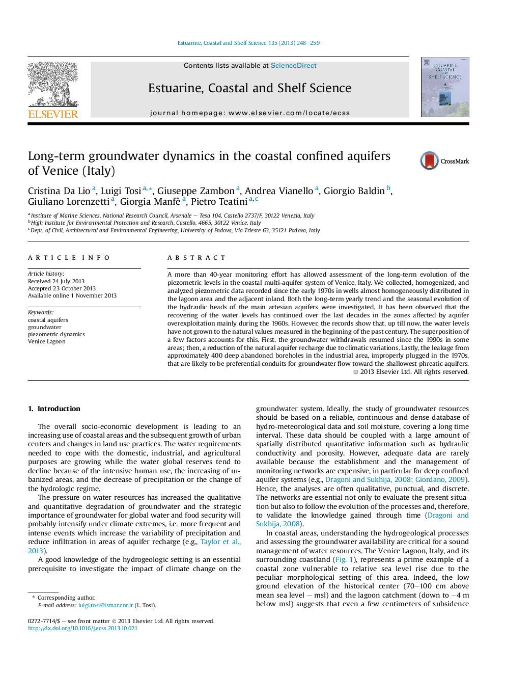 Long-term groundwater dynamics in the coastal confined aquifers of Venice (Italy)