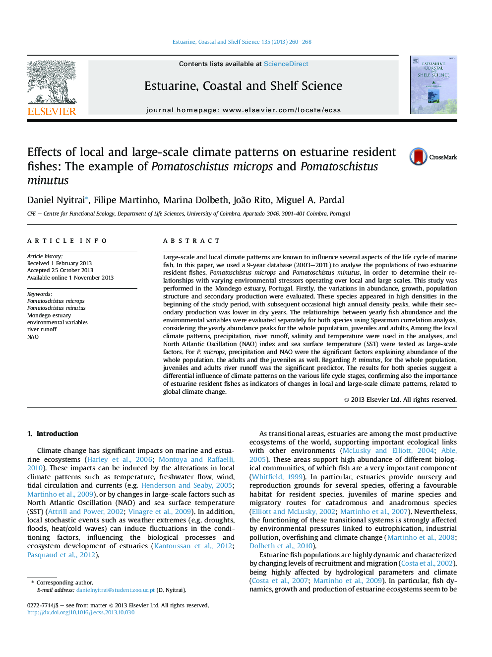 Effects of local and large-scale climate patterns on estuarine resident fishes: The example of Pomatoschistus microps and Pomatoschistus minutus