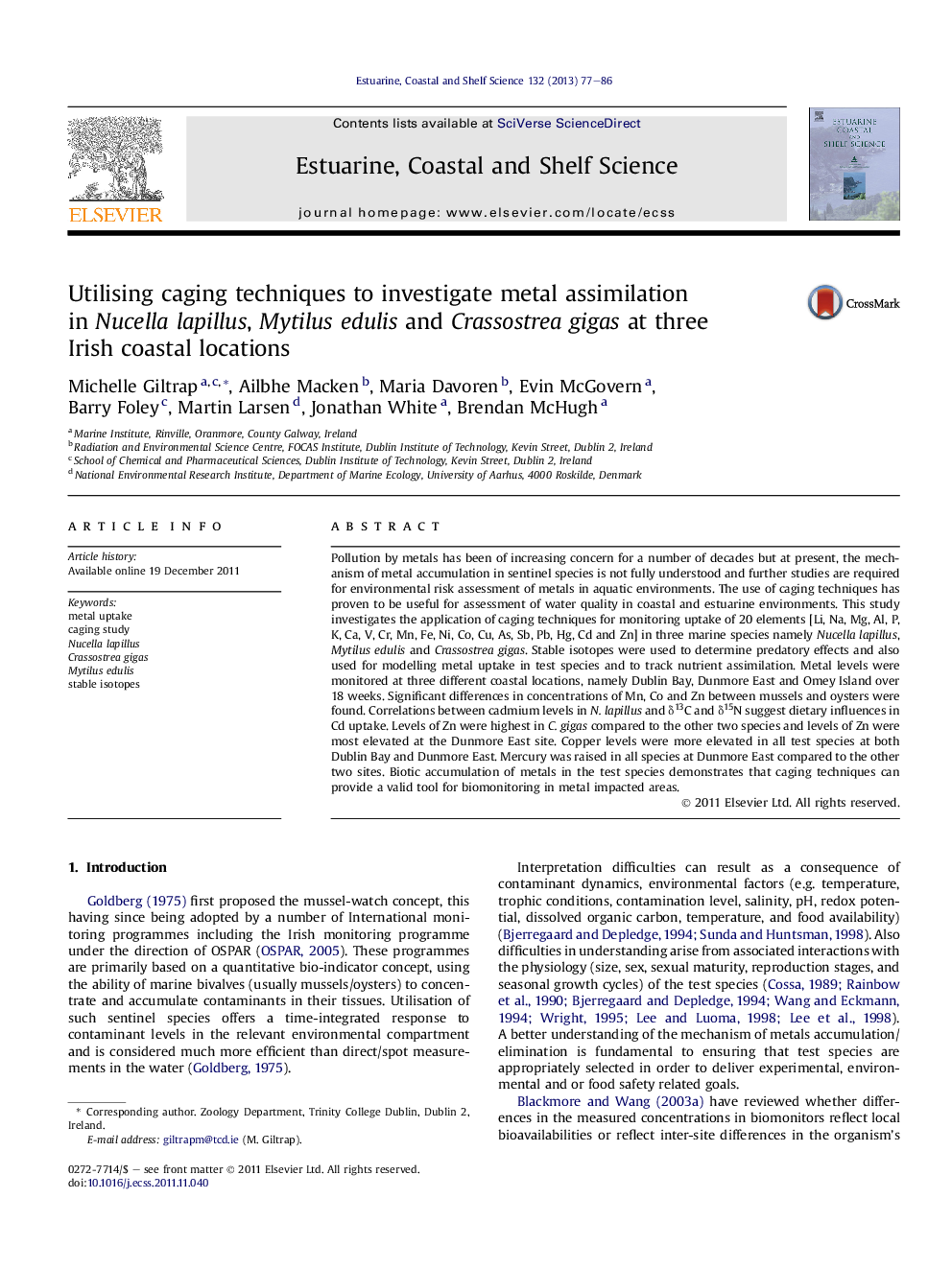 Utilising caging techniques to investigate metal assimilation in Nucella lapillus, Mytilus edulis and Crassostrea gigas at three Irish coastal locations