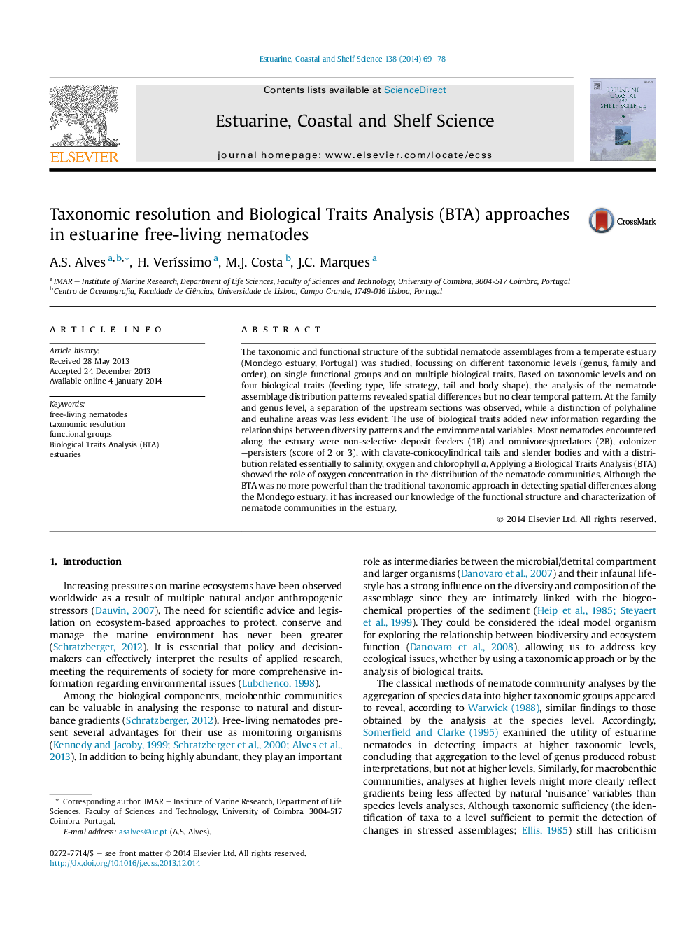 Taxonomic resolution and Biological Traits Analysis (BTA) approaches in estuarine free-living nematodes