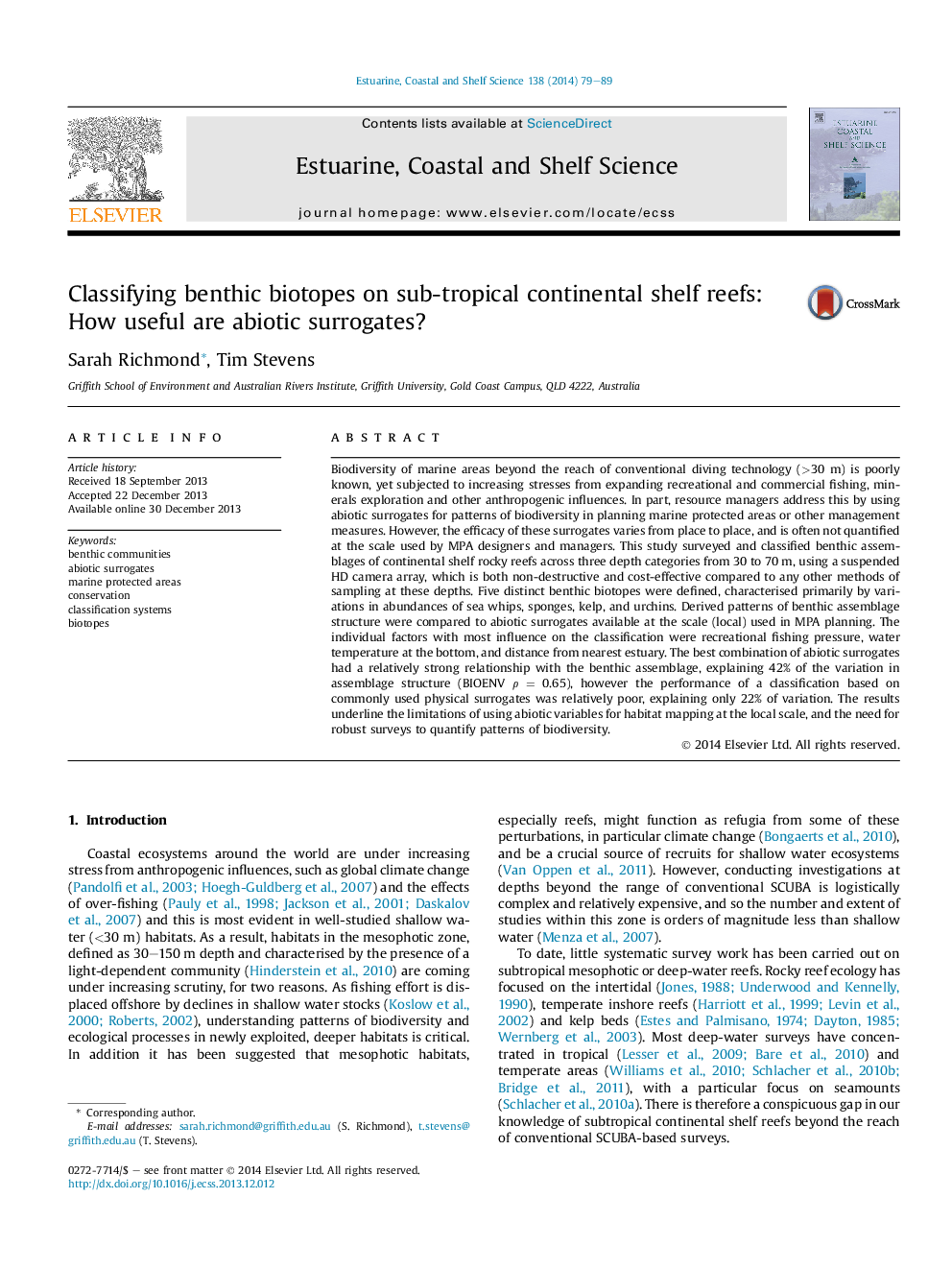 Classifying benthic biotopes on sub-tropical continental shelf reefs: How useful are abiotic surrogates?