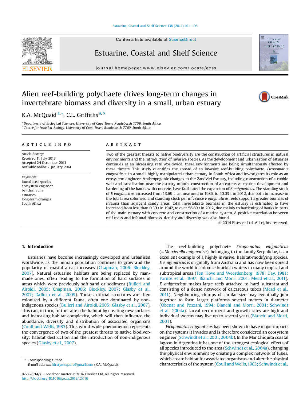 Alien reef-building polychaete drives long-term changes in invertebrate biomass and diversity in a small, urban estuary