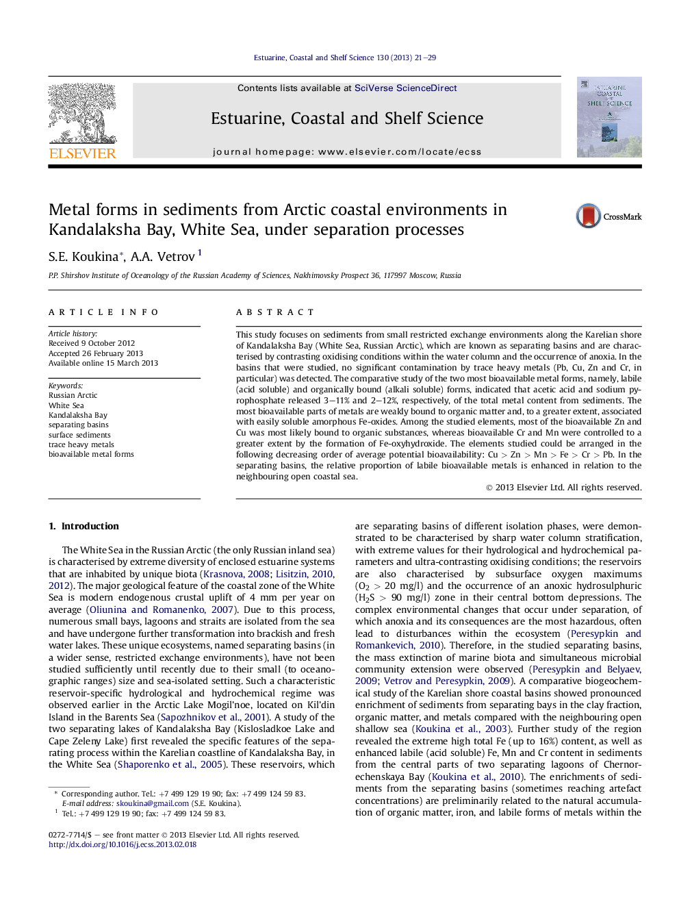 Metal forms in sediments from Arctic coastal environments in Kandalaksha Bay, White Sea, under separation processes