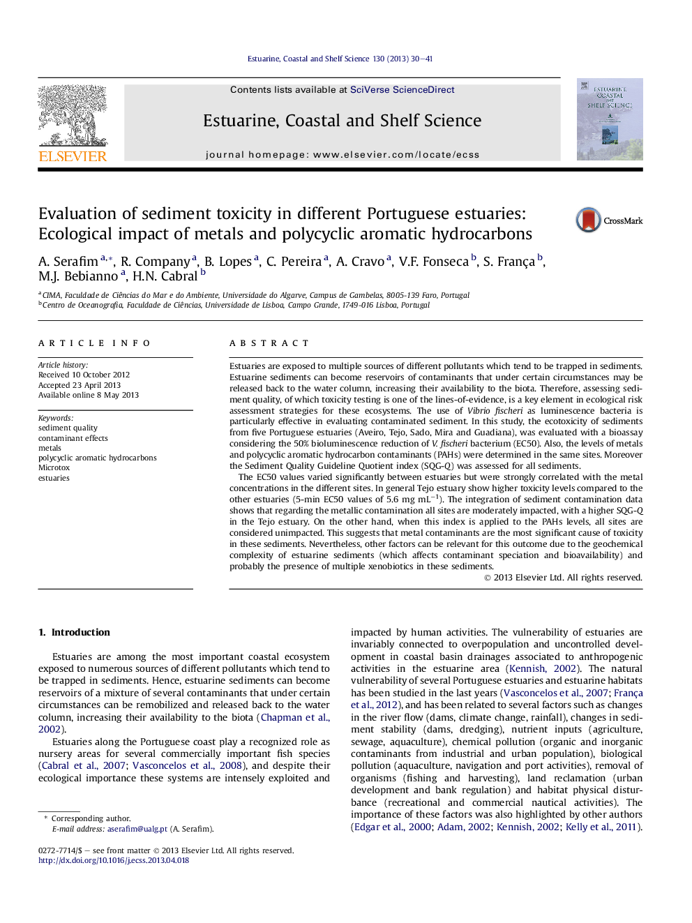 Evaluation of sediment toxicity in different Portuguese estuaries: Ecological impact of metals and polycyclic aromatic hydrocarbons