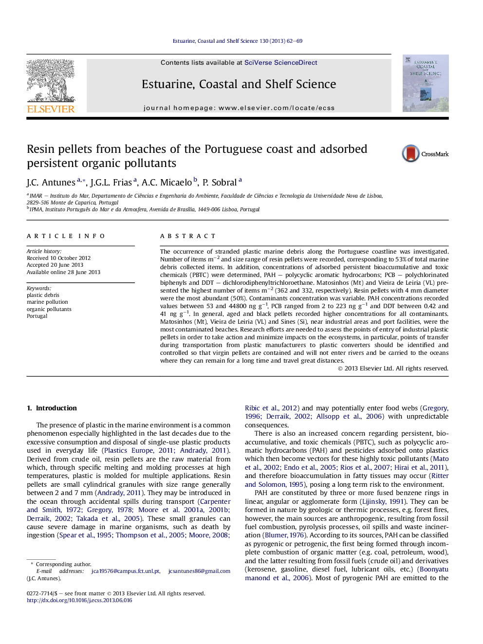 Resin pellets from beaches of the Portuguese coast and adsorbed persistent organic pollutants