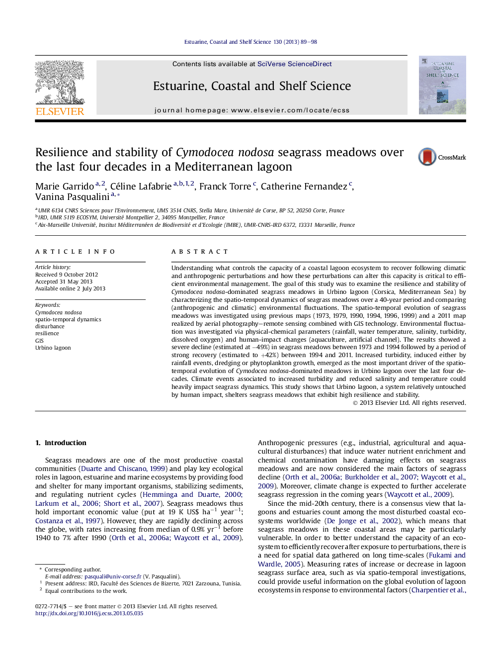 Resilience and stability of Cymodocea nodosa seagrass meadows over the last four decades in a Mediterranean lagoon