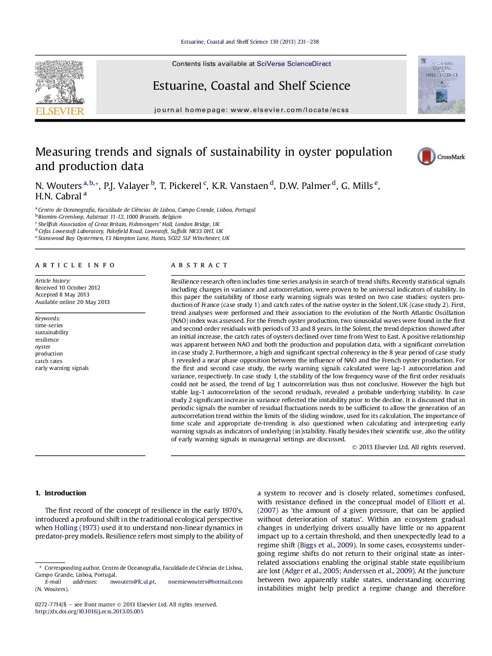 Measuring trends and signals of sustainability in oyster population and production data