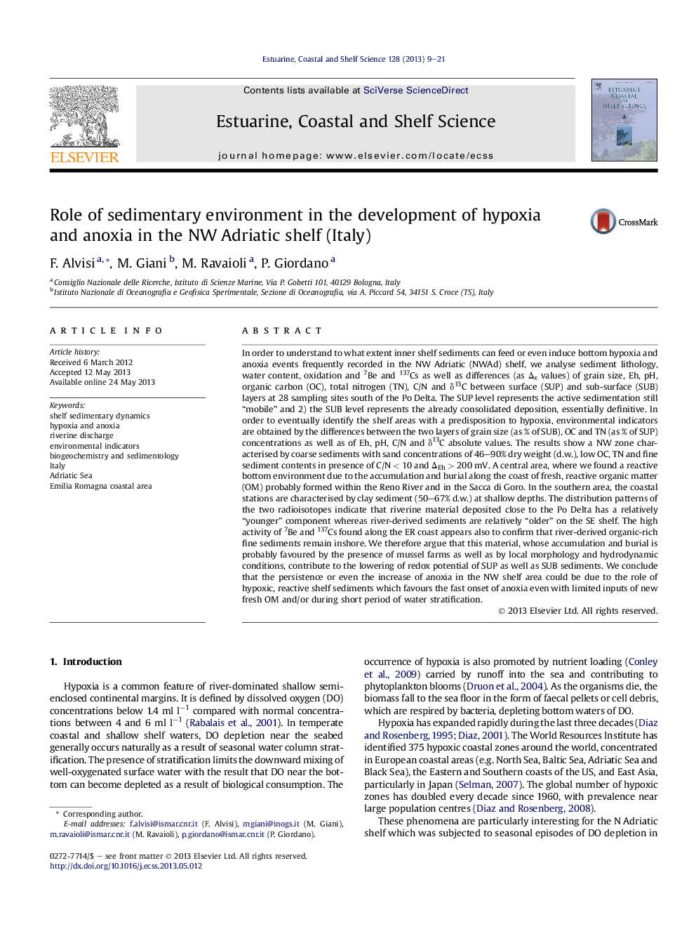 Role of sedimentary environment in the development of hypoxia and anoxia in the NW Adriatic shelf (Italy)