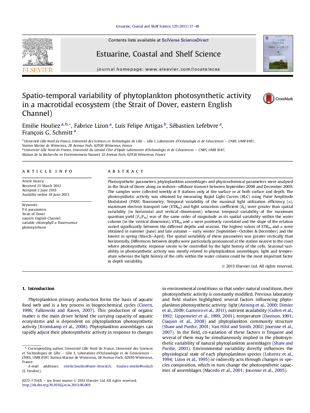 Spatio-temporal variability of phytoplankton photosynthetic activity in a macrotidal ecosystem (the Strait of Dover, eastern English Channel)