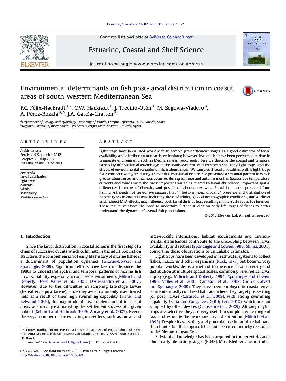 Environmental determinants on fish post-larval distribution in coastal areas of south-western Mediterranean Sea