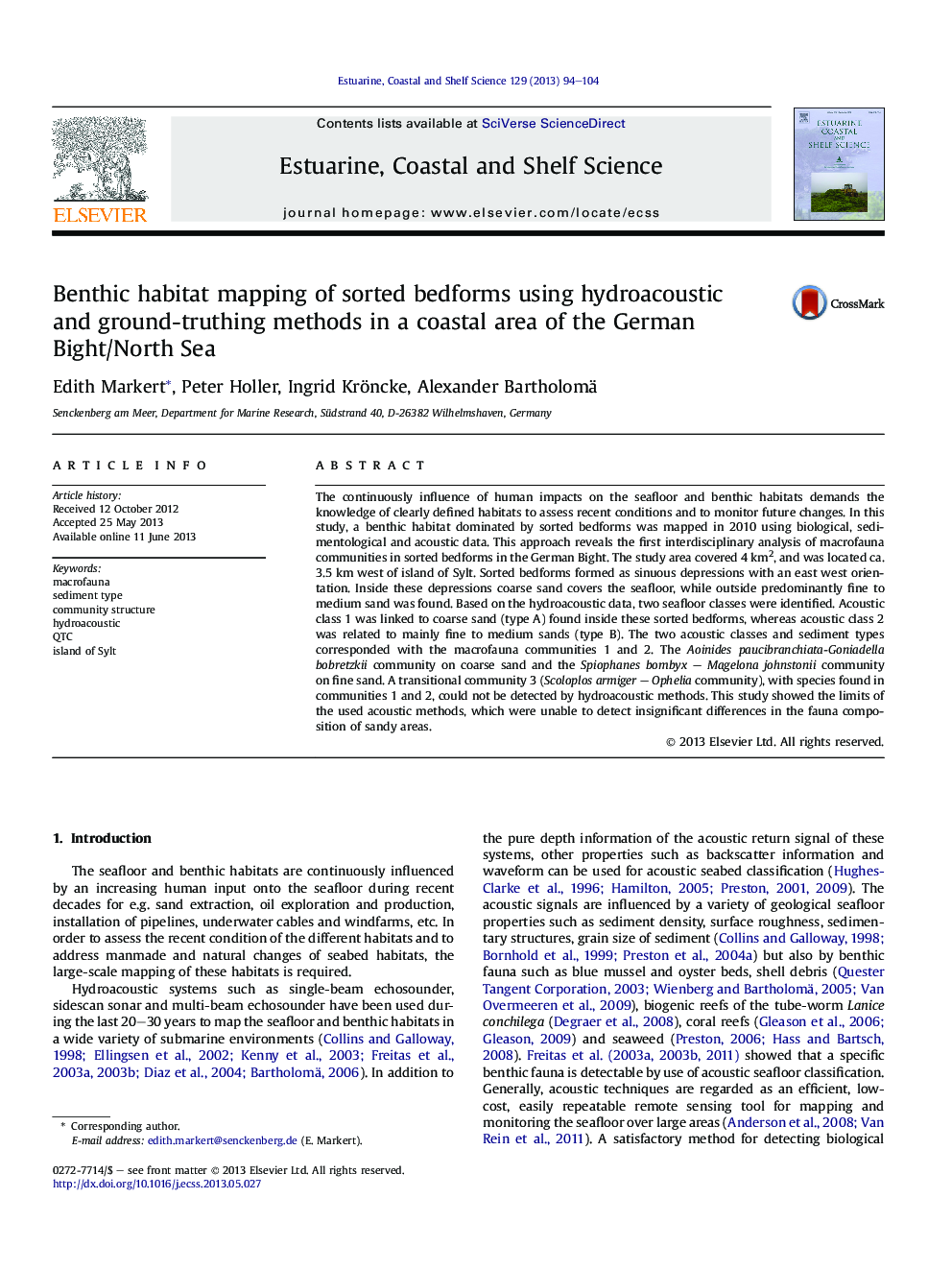 Benthic habitat mapping of sorted bedforms using hydroacoustic and ground-truthing methods in a coastal area of the German Bight/North Sea