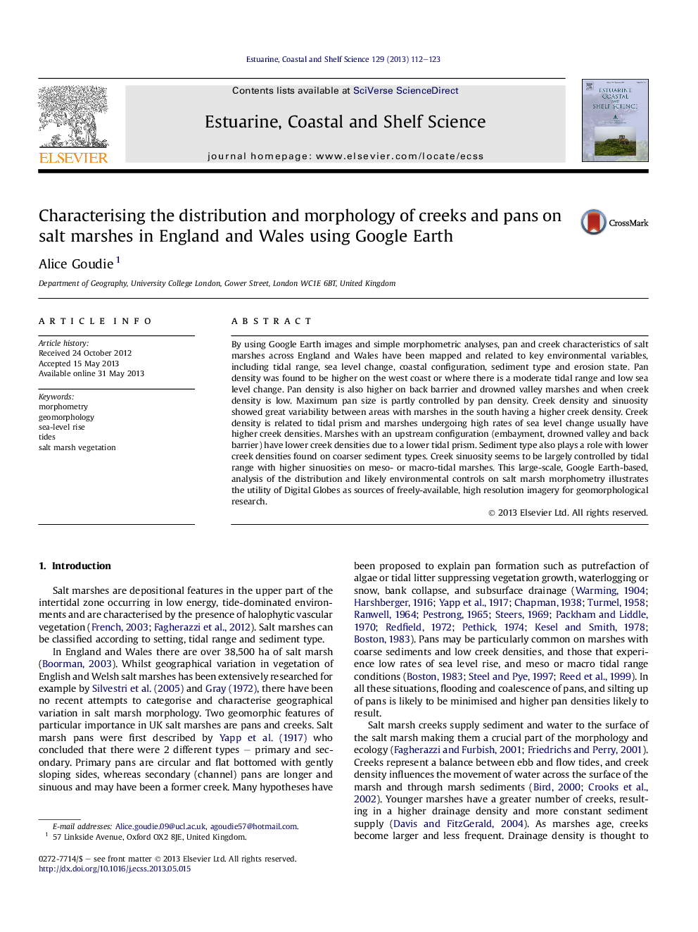 Characterising the distribution and morphology of creeks and pans on salt marshes in England and Wales using Google Earth