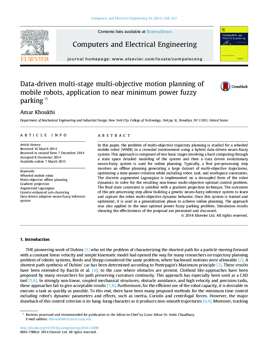 Data-driven multi-stage multi-objective motion planning of mobile robots, application to near minimum power fuzzy parking 