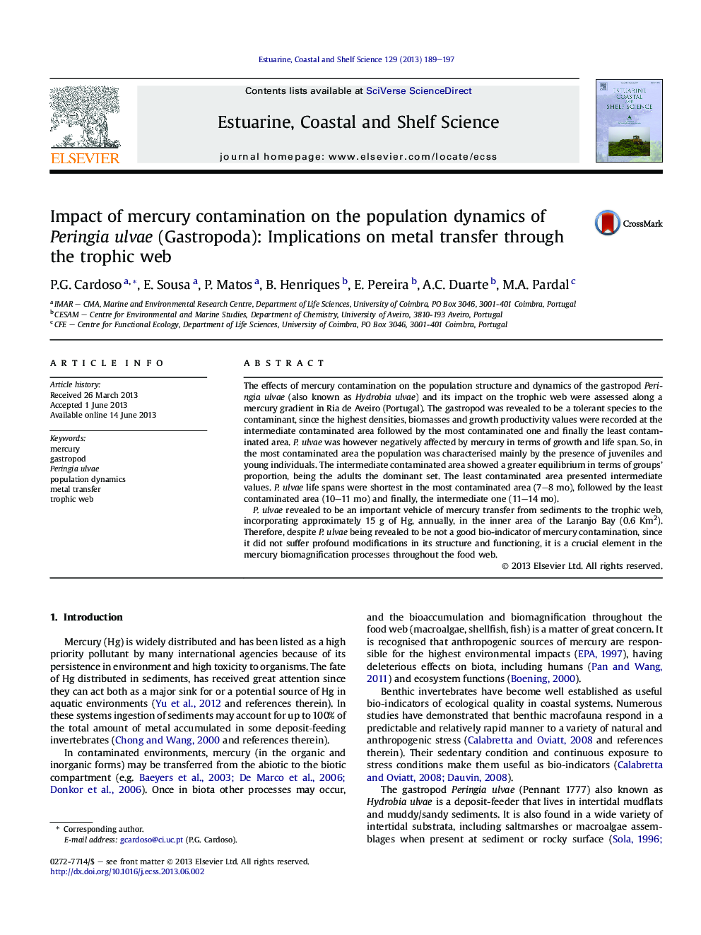 Impact of mercury contamination on the population dynamics of Peringia ulvae (Gastropoda): Implications on metal transfer through the trophic web