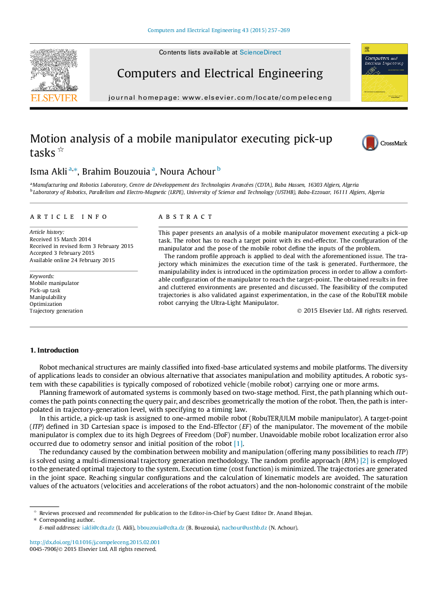 Motion analysis of a mobile manipulator executing pick-up tasks 