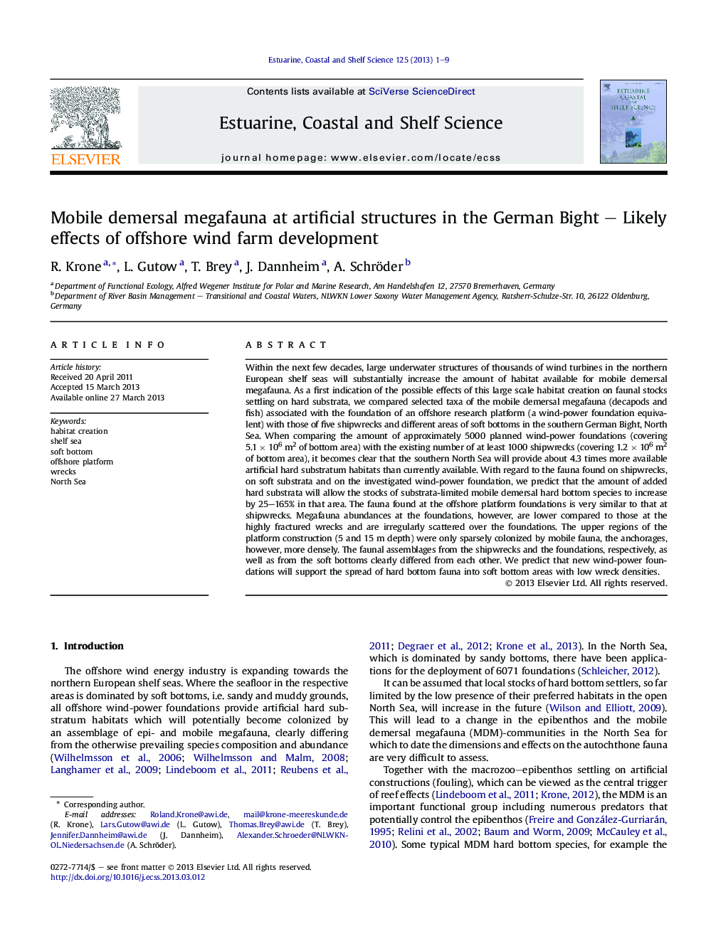 Mobile demersal megafauna at artificial structures in the German Bight – Likely effects of offshore wind farm development