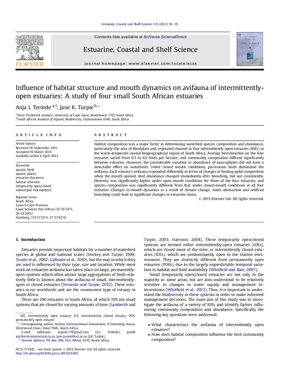 Influence of habitat structure and mouth dynamics on avifauna of intermittently-open estuaries: A study of four small South African estuaries