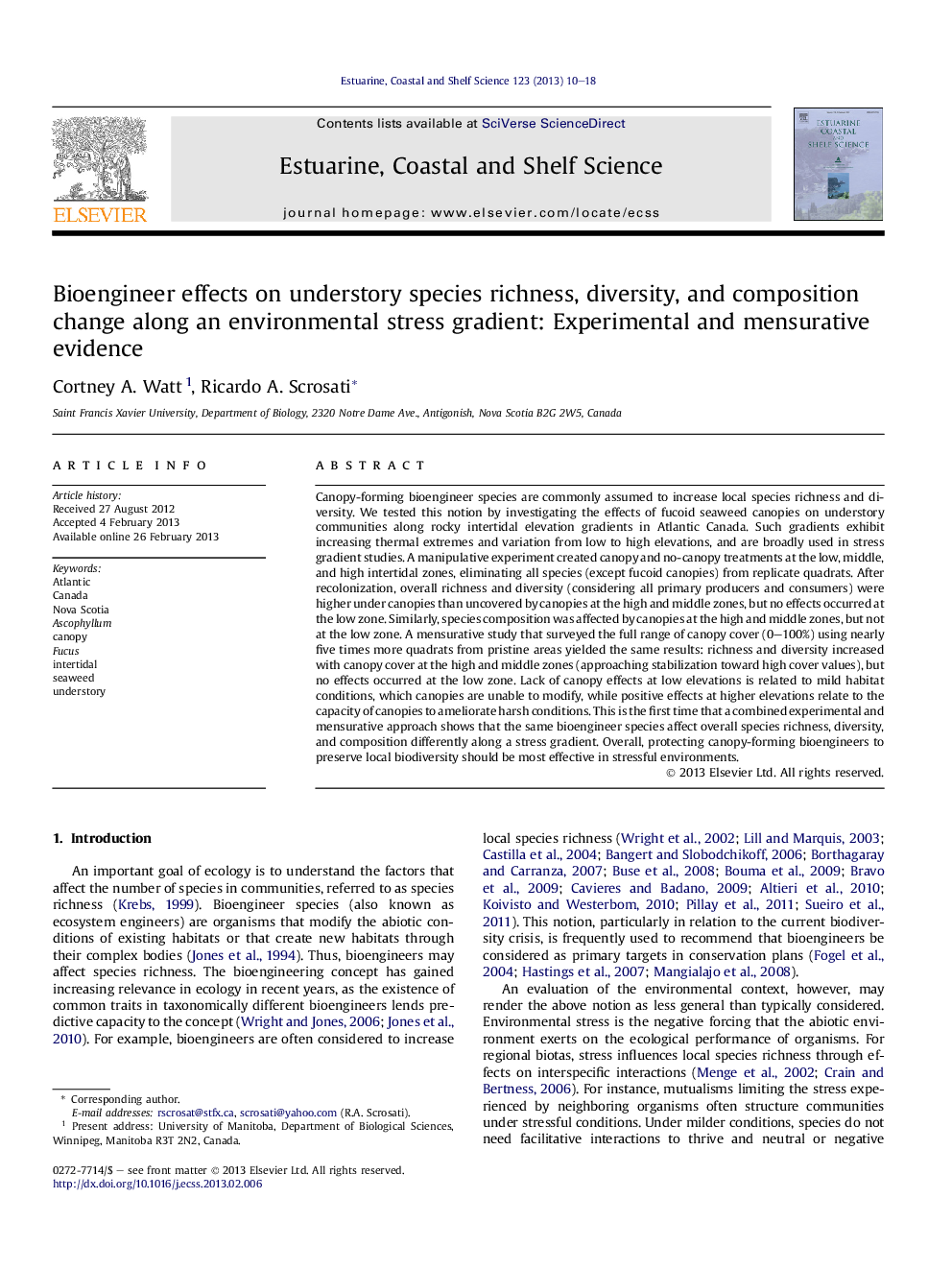 Bioengineer effects on understory species richness, diversity, and composition change along an environmental stress gradient: Experimental and mensurative evidence