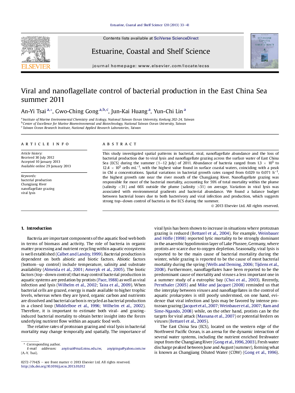 Viral and nanoflagellate control of bacterial production in the East China Sea summer 2011