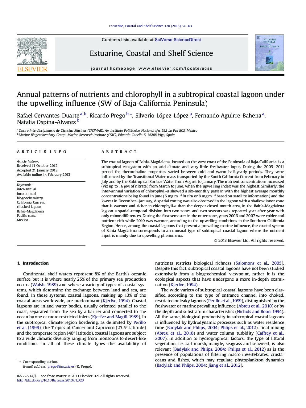 Annual patterns of nutrients and chlorophyll in a subtropical coastal lagoon under the upwelling influence (SW of Baja-California Peninsula)