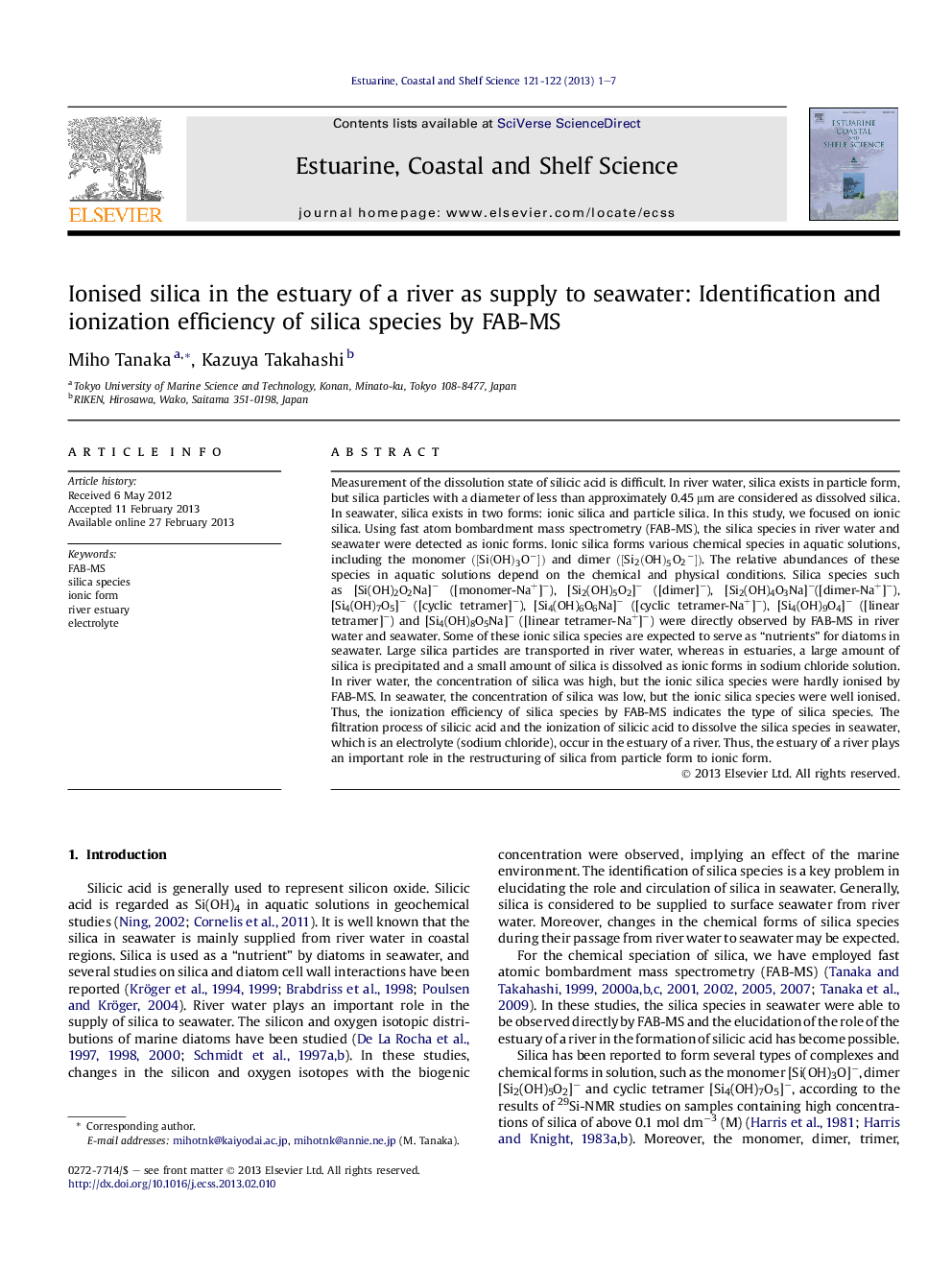 Ionised silica in the estuary of a river as supply to seawater: Identification and ionization efficiency of silica species by FAB-MS