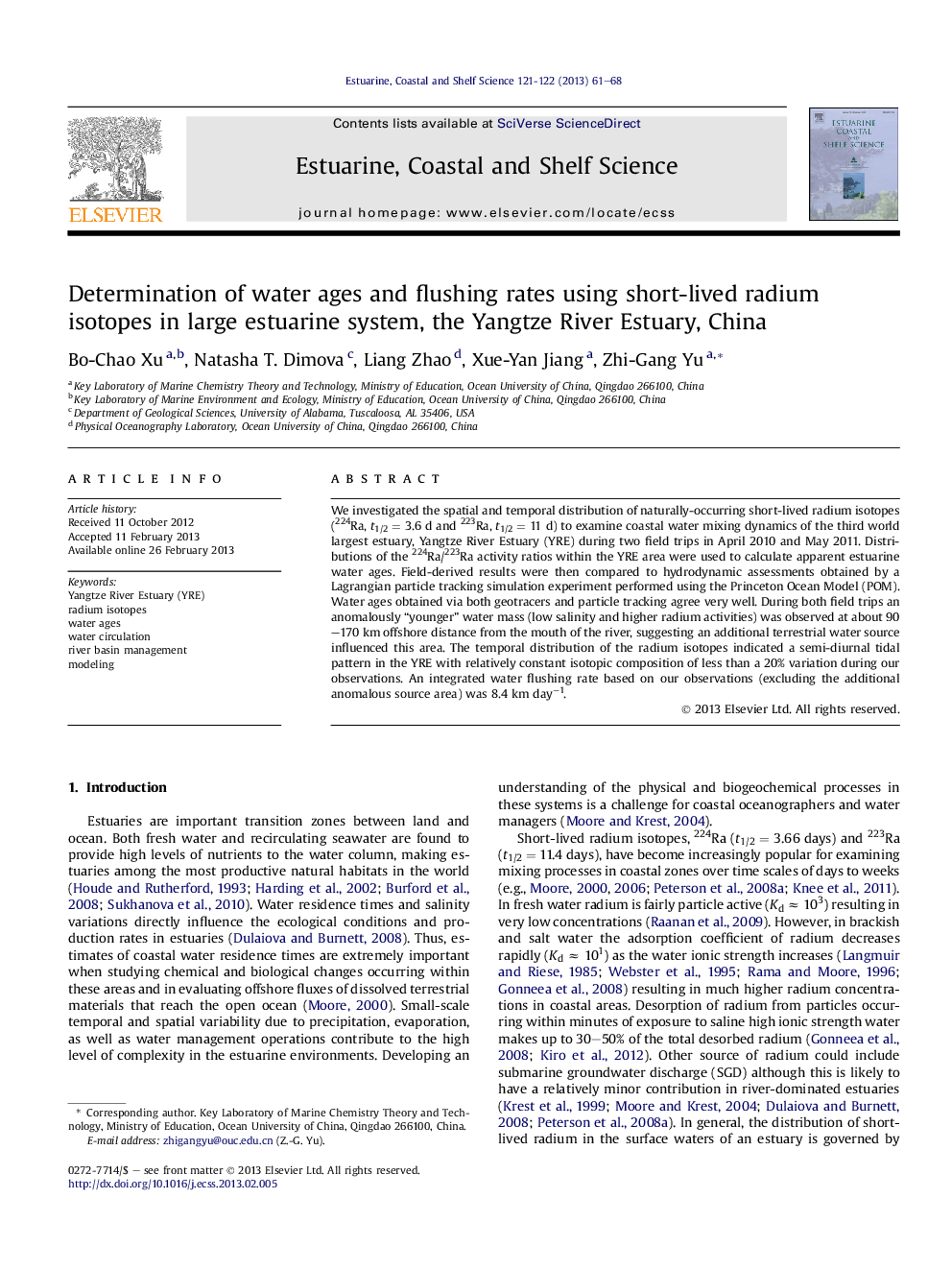 Determination of water ages and flushing rates using short-lived radium isotopes in large estuarine system, the Yangtze River Estuary, China