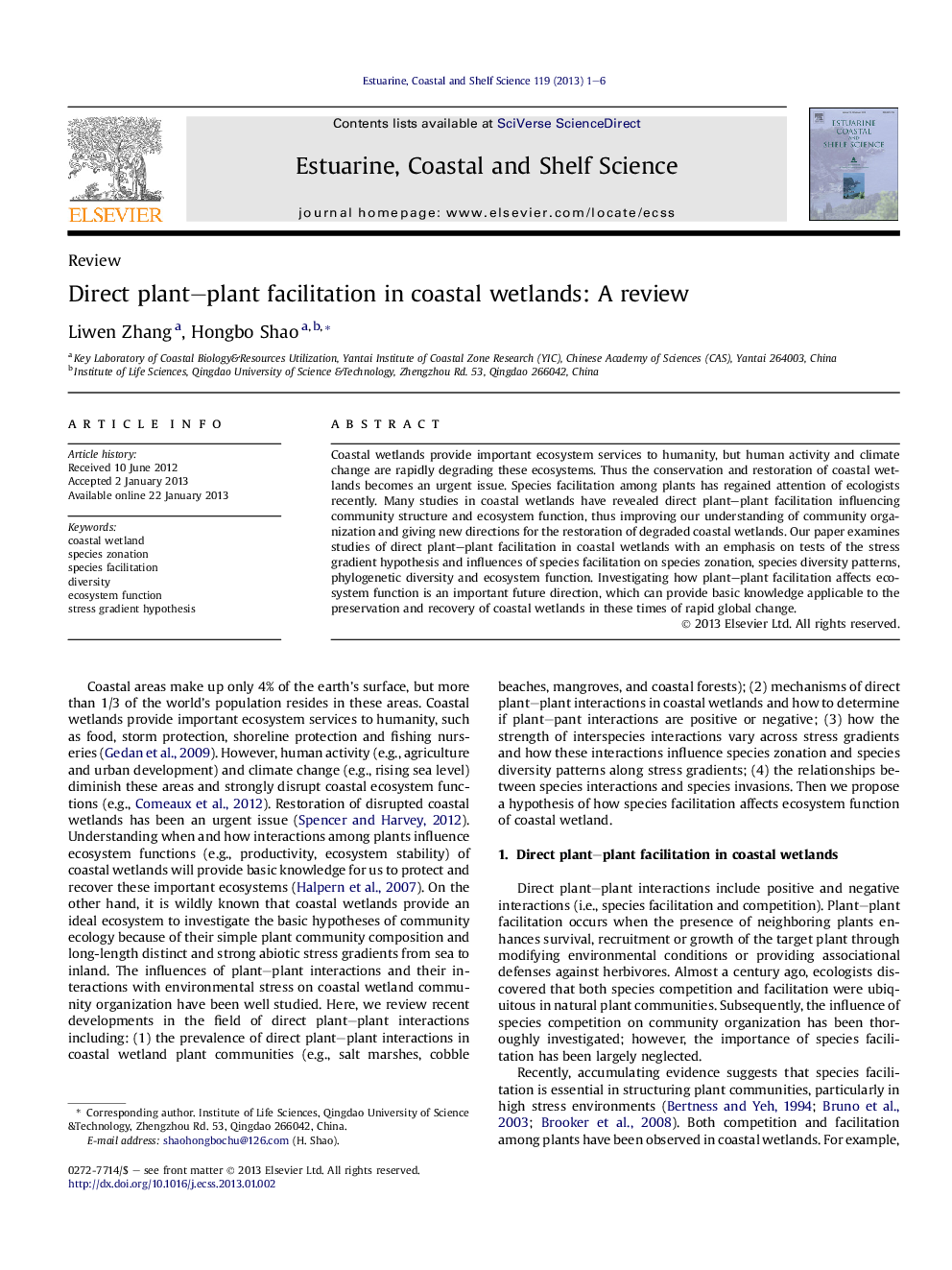 Direct plant–plant facilitation in coastal wetlands: A review