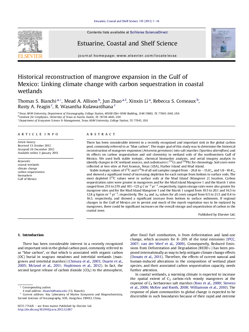 Historical reconstruction of mangrove expansion in the Gulf of Mexico: Linking climate change with carbon sequestration in coastal wetlands