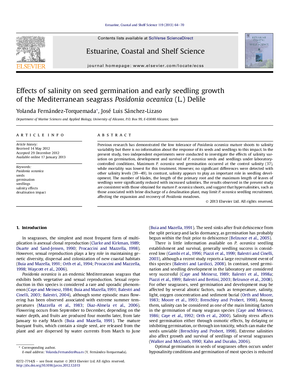 Effects of salinity on seed germination and early seedling growth of the Mediterranean seagrass Posidonia oceanica (L.) Delile