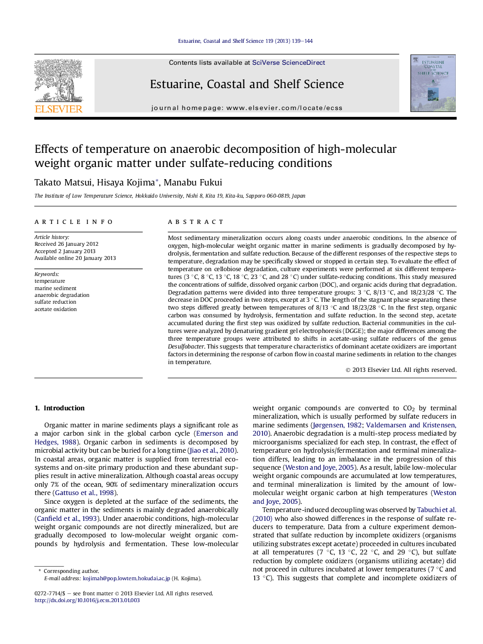 Effects of temperature on anaerobic decomposition of high-molecular weight organic matter under sulfate-reducing conditions