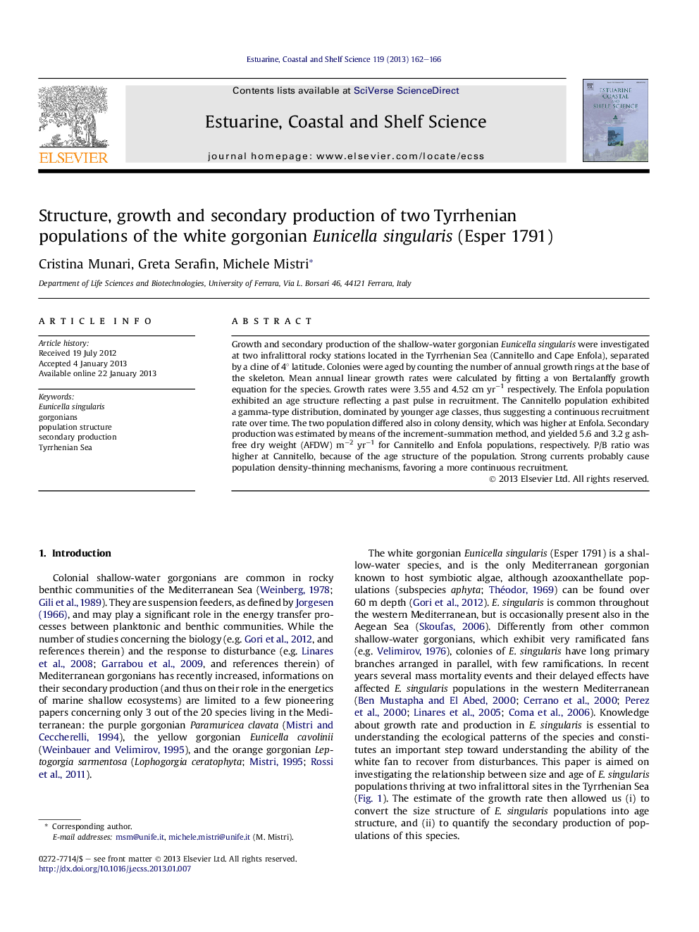 Structure, growth and secondary production of two Tyrrhenian populations of the white gorgonian Eunicella singularis (Esper 1791)