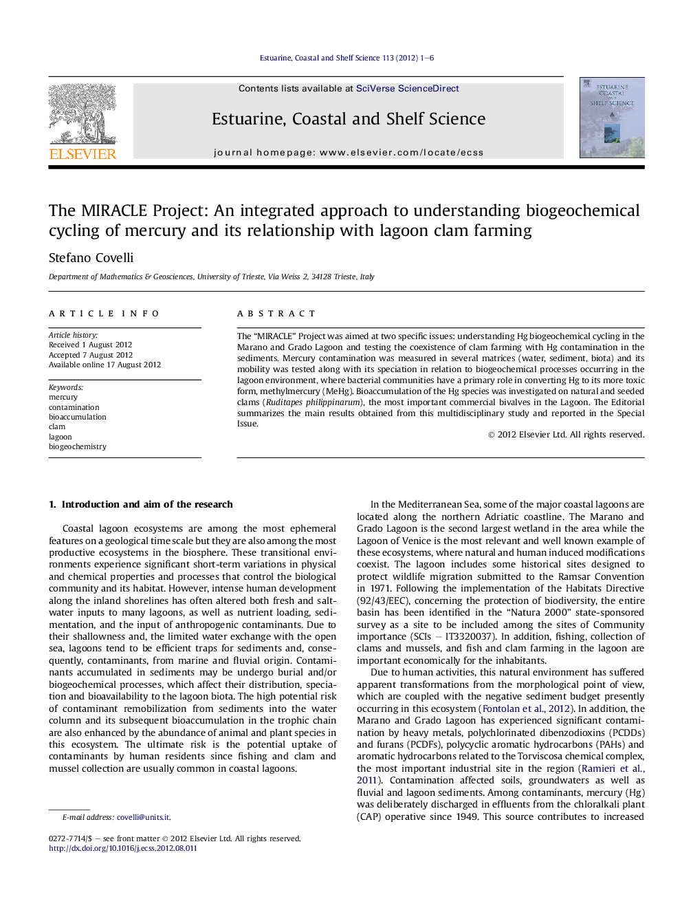 The MIRACLE Project: An integrated approach to understanding biogeochemical cycling of mercury and its relationship with lagoon clam farming