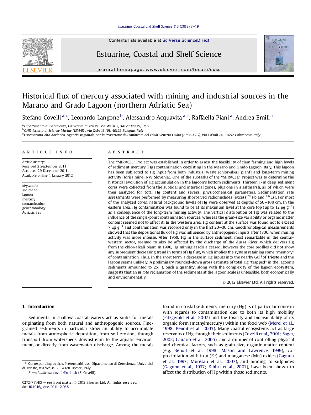 Historical flux of mercury associated with mining and industrial sources in the Marano and Grado Lagoon (northern Adriatic Sea)