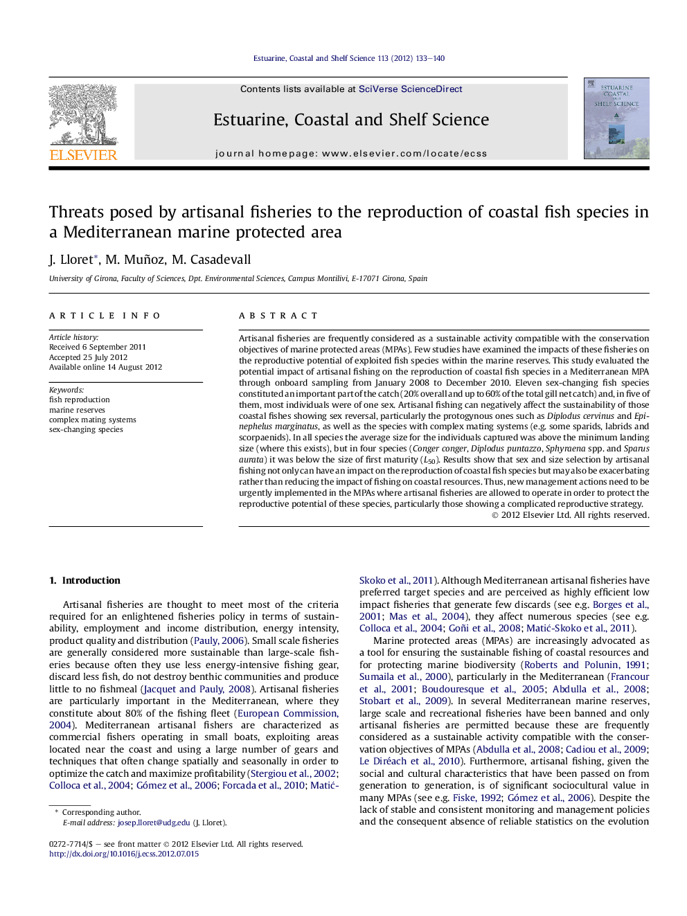 Threats posed by artisanal fisheries to the reproduction of coastal fish species in a Mediterranean marine protected area