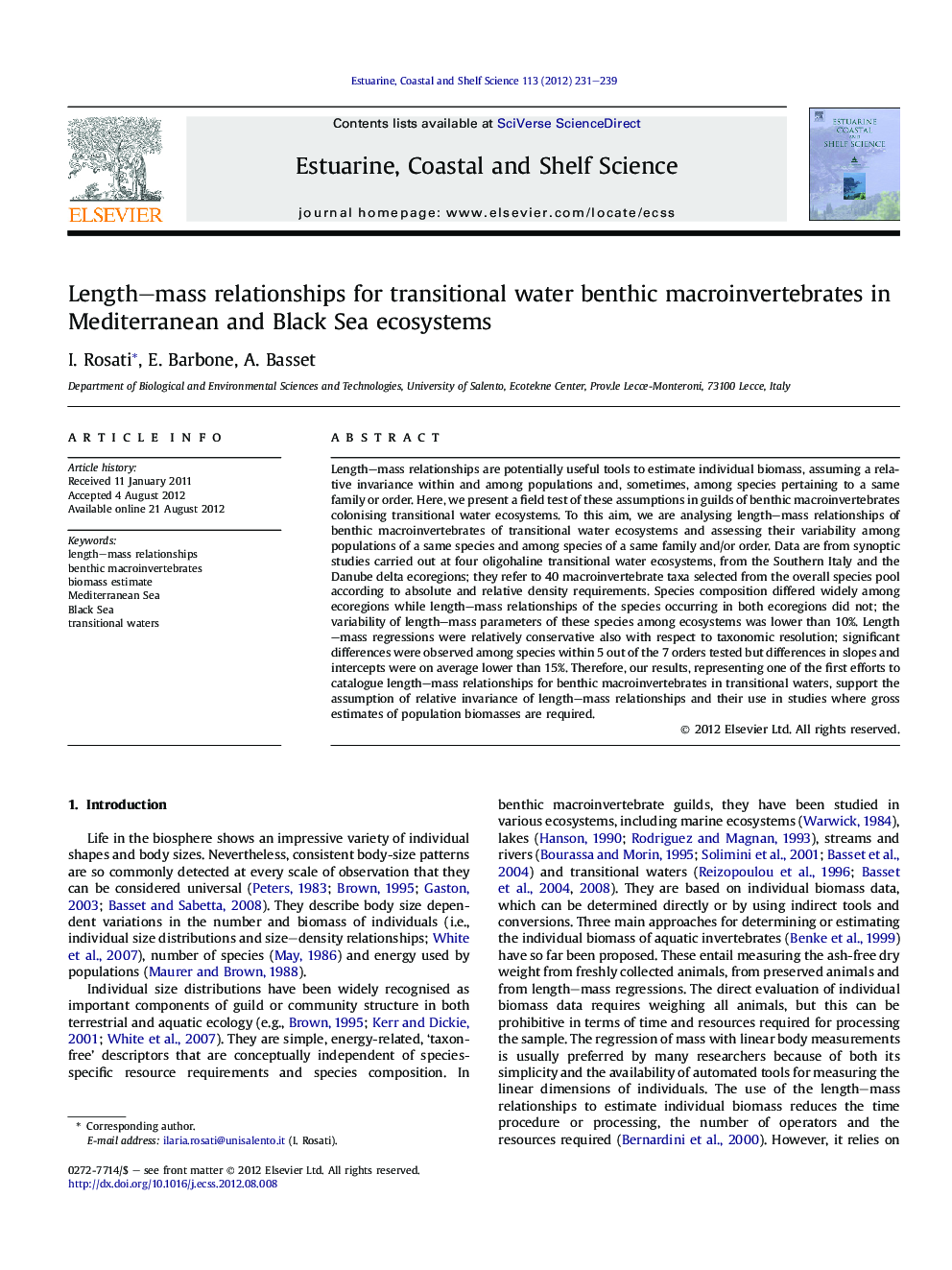 Length–mass relationships for transitional water benthic macroinvertebrates in Mediterranean and Black Sea ecosystems