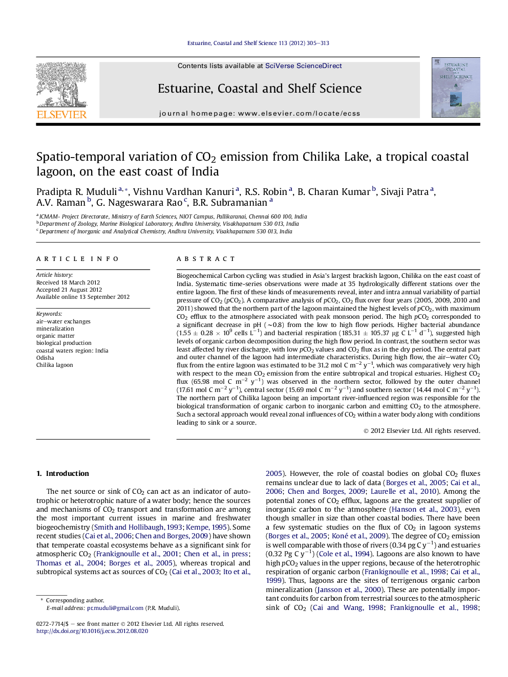 Spatio-temporal variation of CO2 emission from Chilika Lake, a tropical coastal lagoon, on the east coast of India