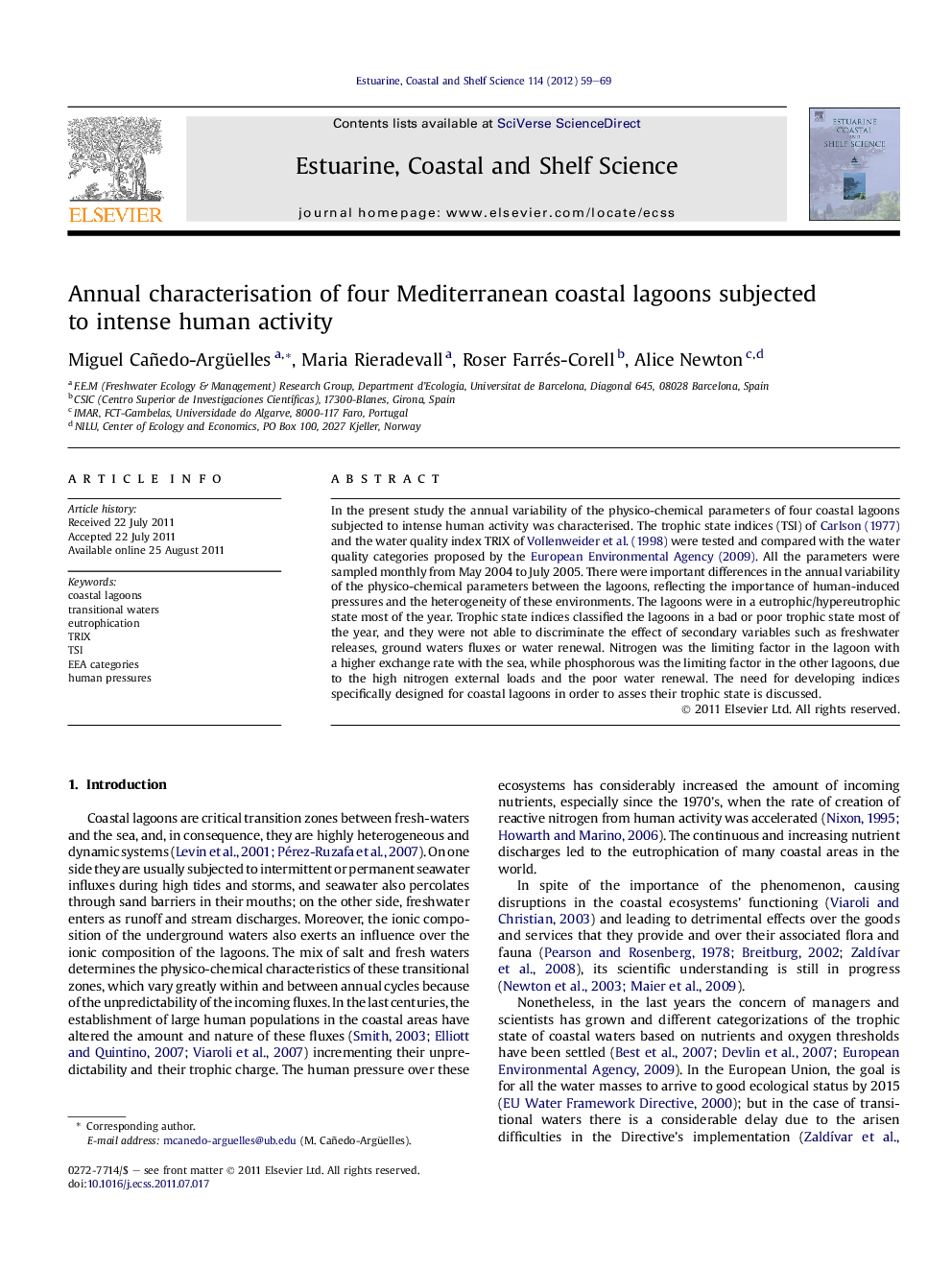 Annual characterisation of four Mediterranean coastal lagoons subjected to intense human activity