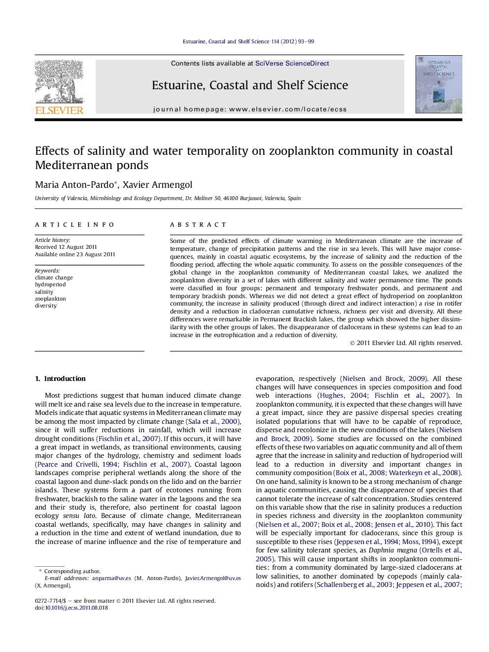 Effects of salinity and water temporality on zooplankton community in coastal Mediterranean ponds