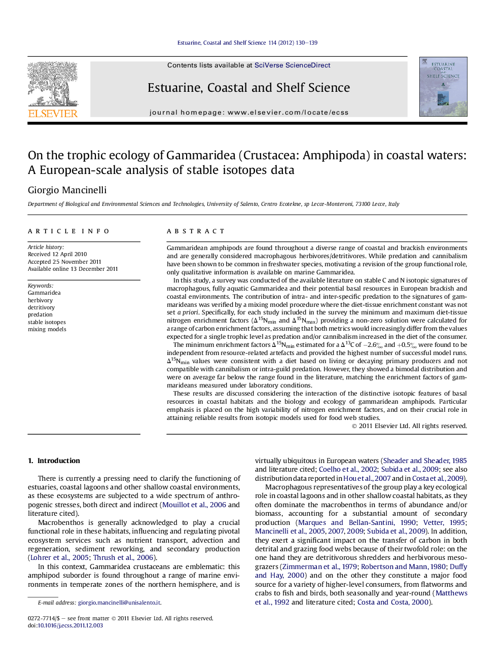 On the trophic ecology of Gammaridea (Crustacea: Amphipoda) in coastal waters: A European-scale analysis of stable isotopes data