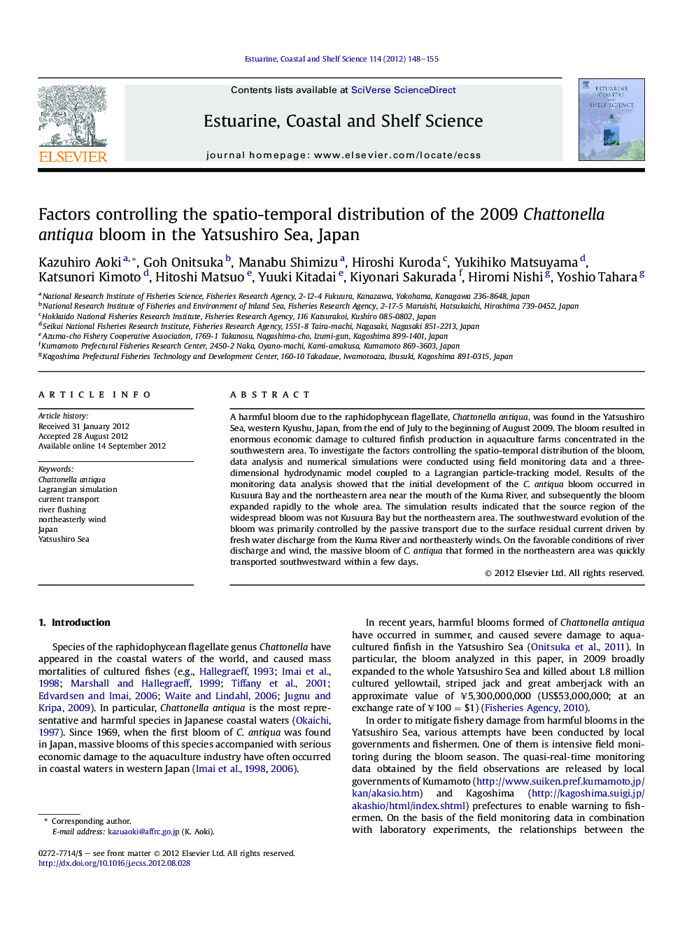 Factors controlling the spatio-temporal distribution of the 2009 Chattonella antiqua bloom in the Yatsushiro Sea, Japan