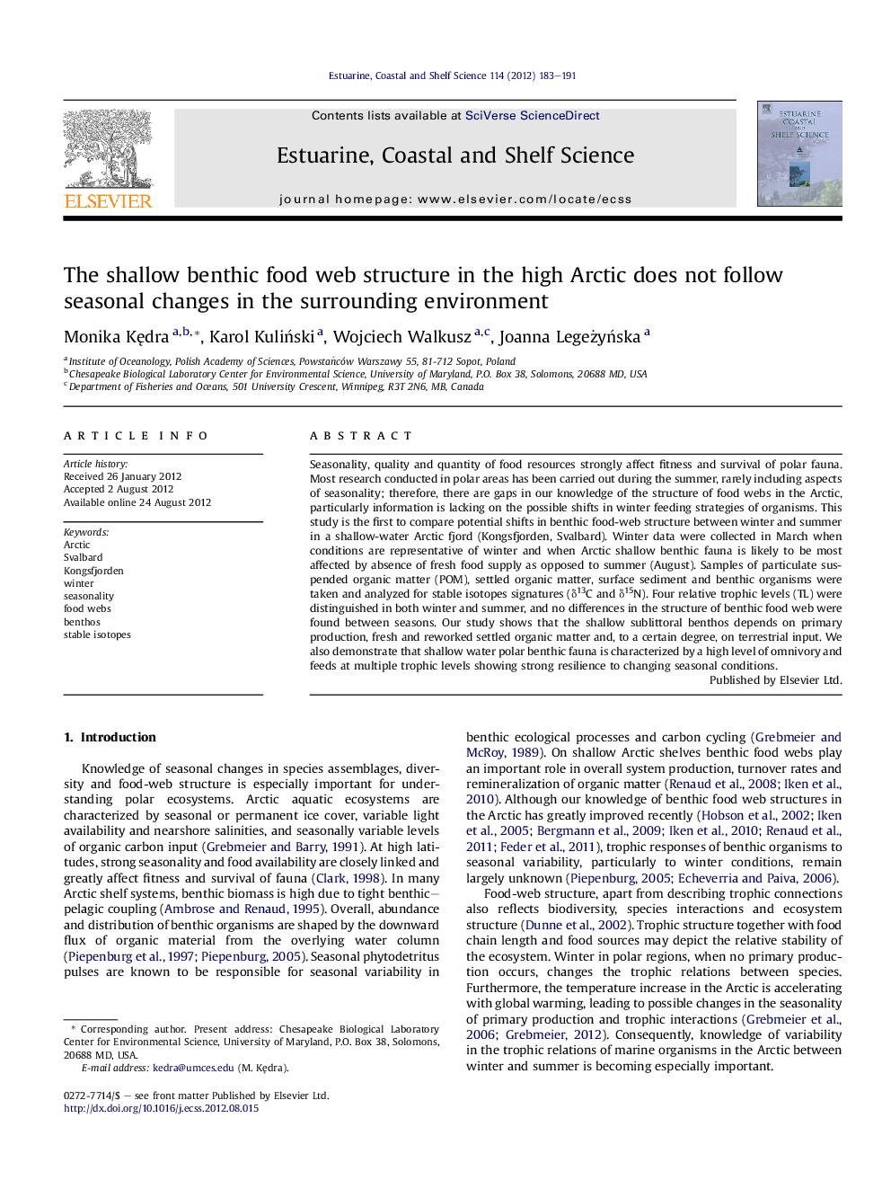 The shallow benthic food web structure in the high Arctic does not follow seasonal changes in the surrounding environment