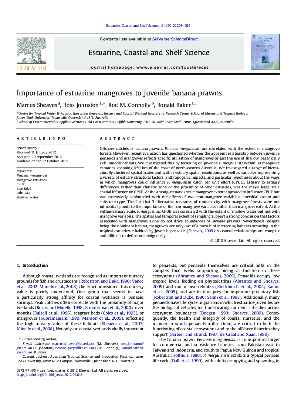 Importance of estuarine mangroves to juvenile banana prawns