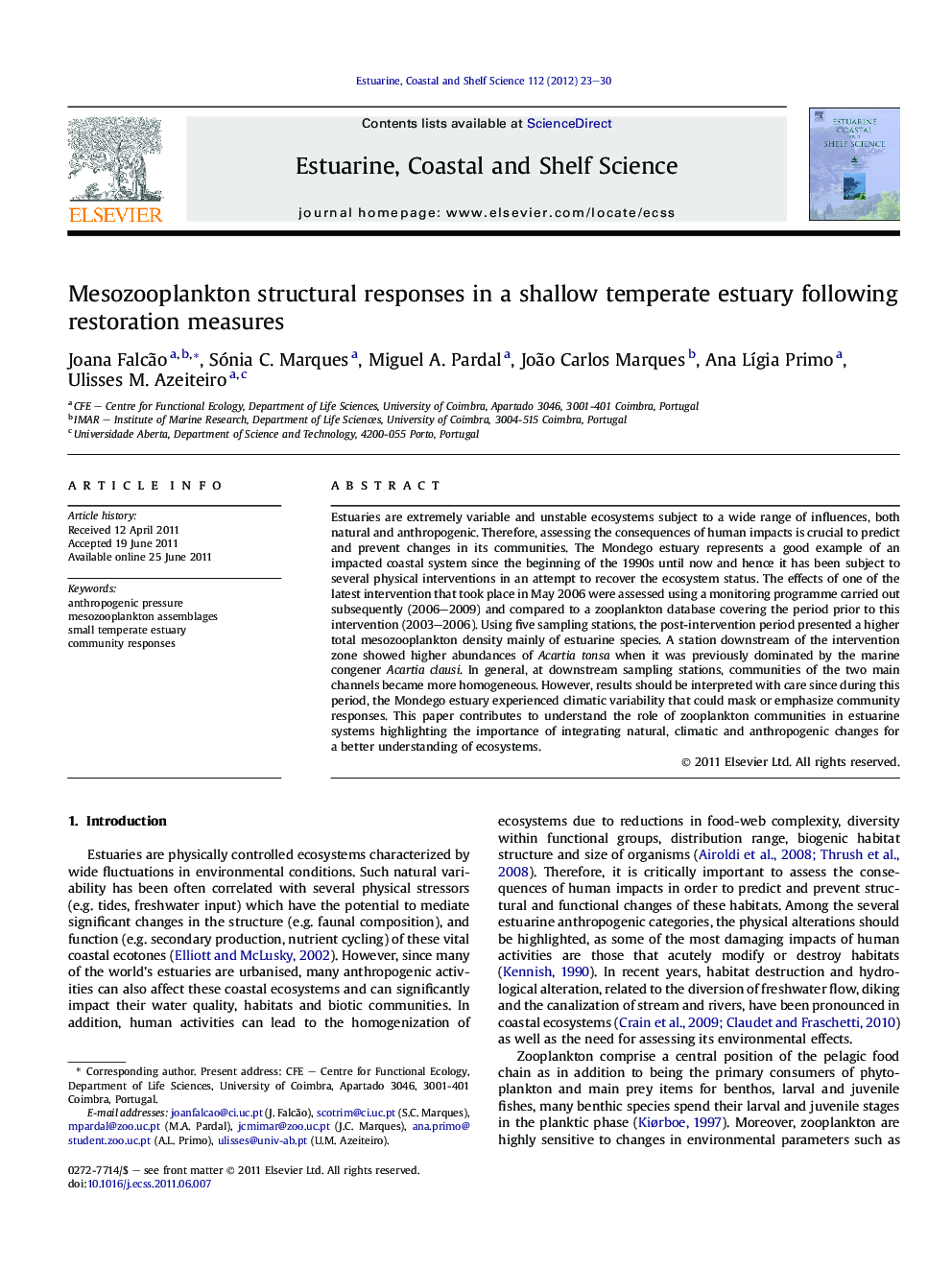 Mesozooplankton structural responses in a shallow temperate estuary following restoration measures