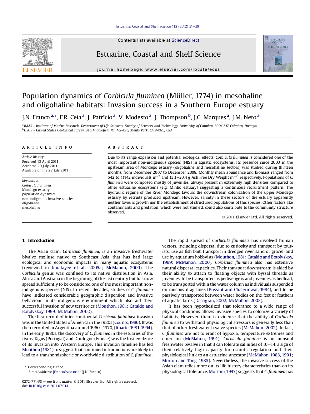 Population dynamics of Corbicula fluminea (Müller, 1774) in mesohaline and oligohaline habitats: Invasion success in a Southern Europe estuary