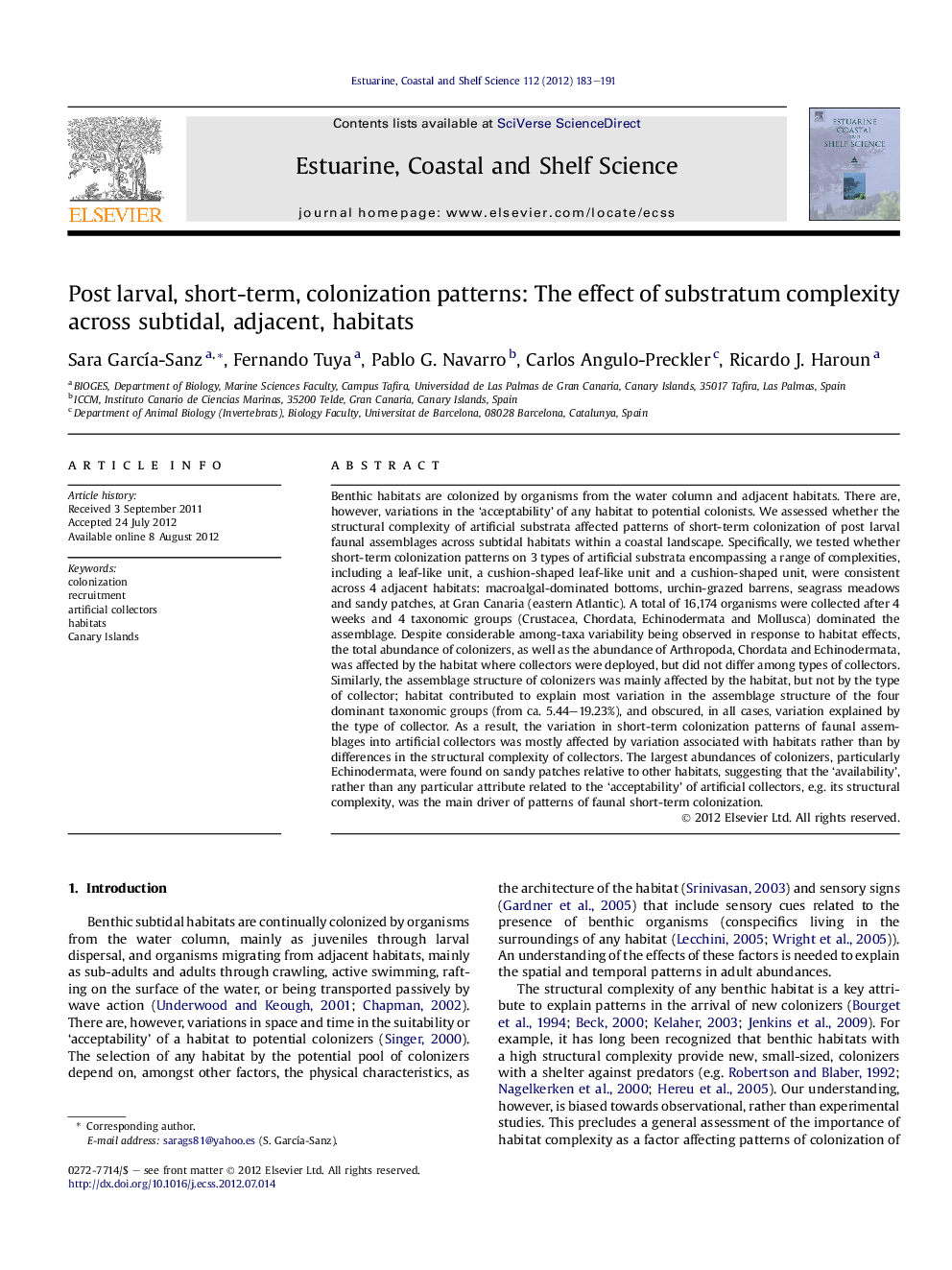 Post larval, short-term, colonization patterns: The effect of substratum complexity across subtidal, adjacent, habitats