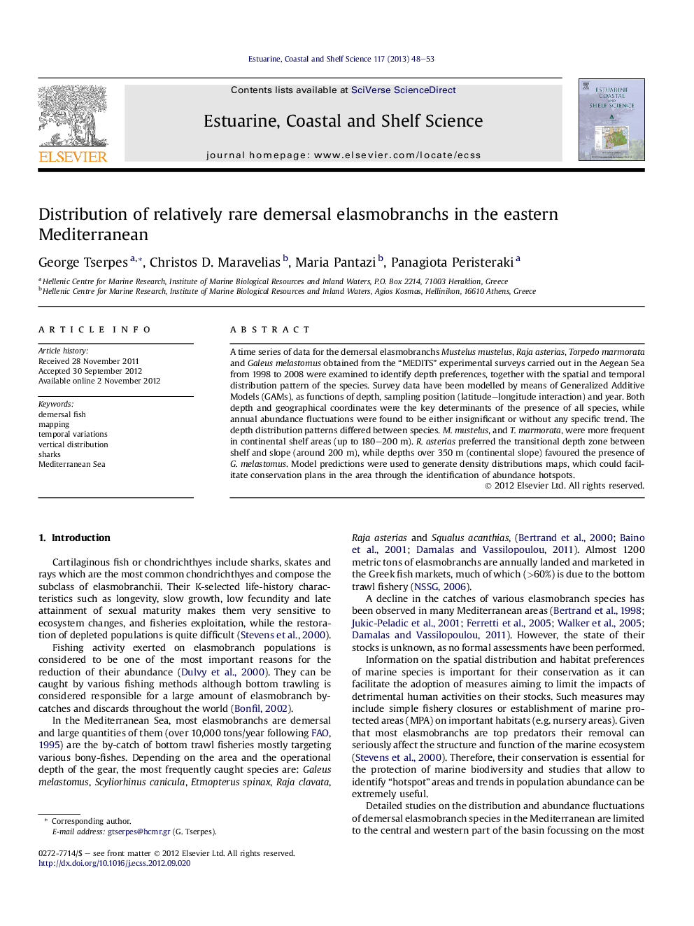 Distribution of relatively rare demersal elasmobranchs in the eastern Mediterranean