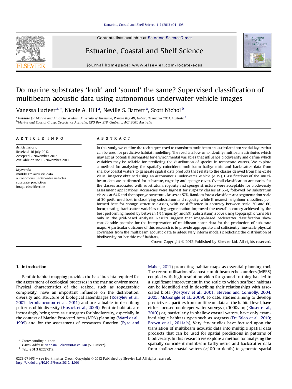 Do marine substrates 'look' and 'sound' the same? Supervised classification of multibeam acoustic data using autonomous underwater vehicle images