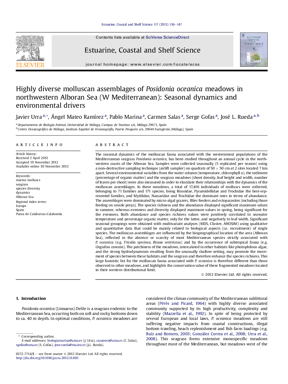 Highly diverse molluscan assemblages of Posidonia oceanica meadows in northwestern Alboran Sea (W Mediterranean): Seasonal dynamics and environmental drivers